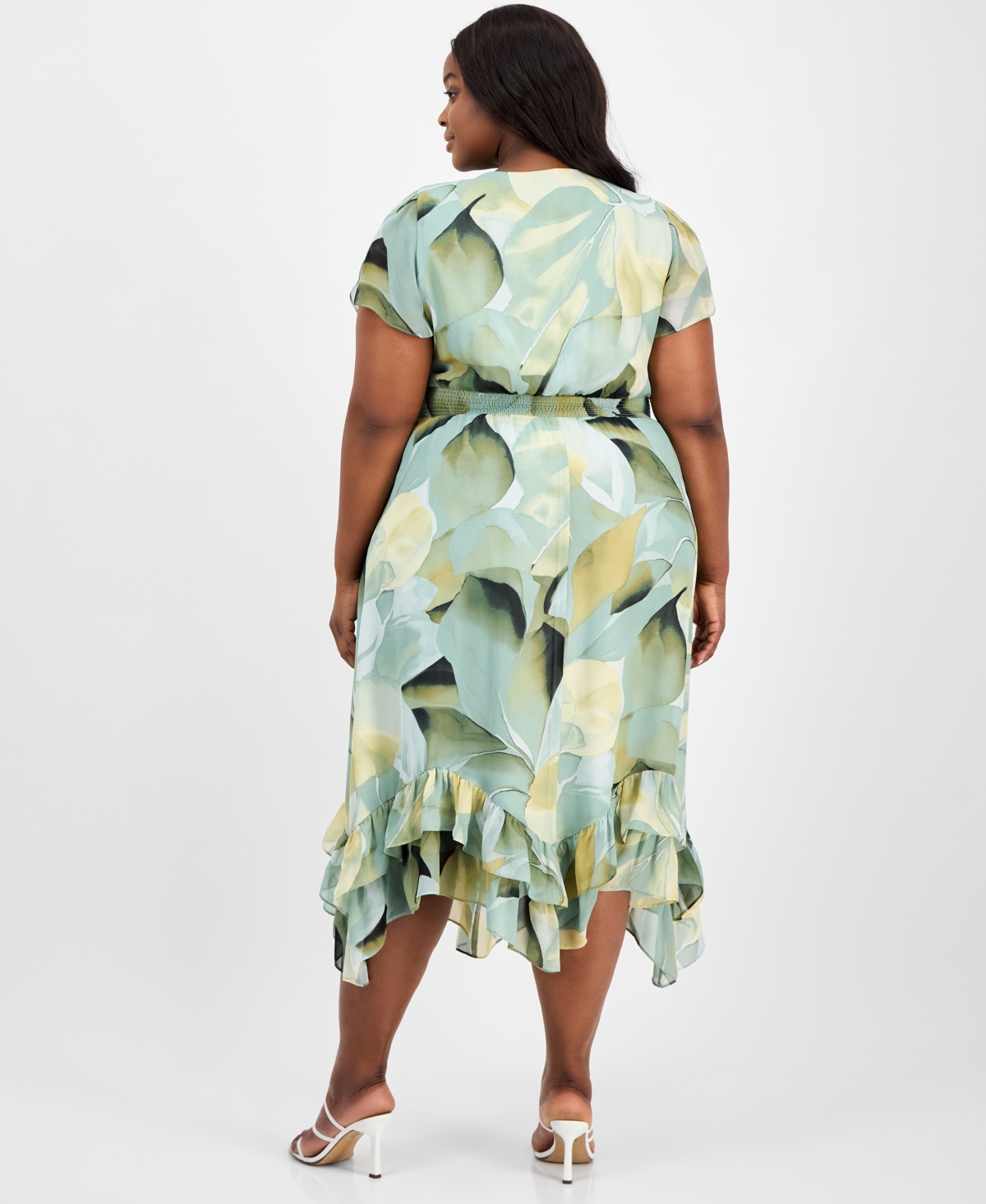 Anne Klein Plus Size Printed Chiffon Fit & Flare Dress In Soft Aloe Multi