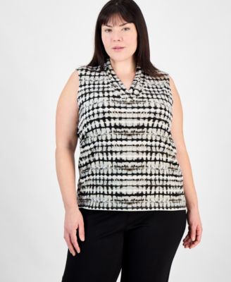 Anne Klein - Plus Size Printed Triple-Pleat V-Neck Top