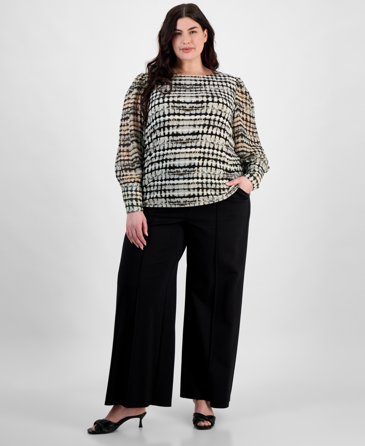 Anne Klein Plus Size Printed Chiffon Sheer-sleeve Top In Anne Black Multi
