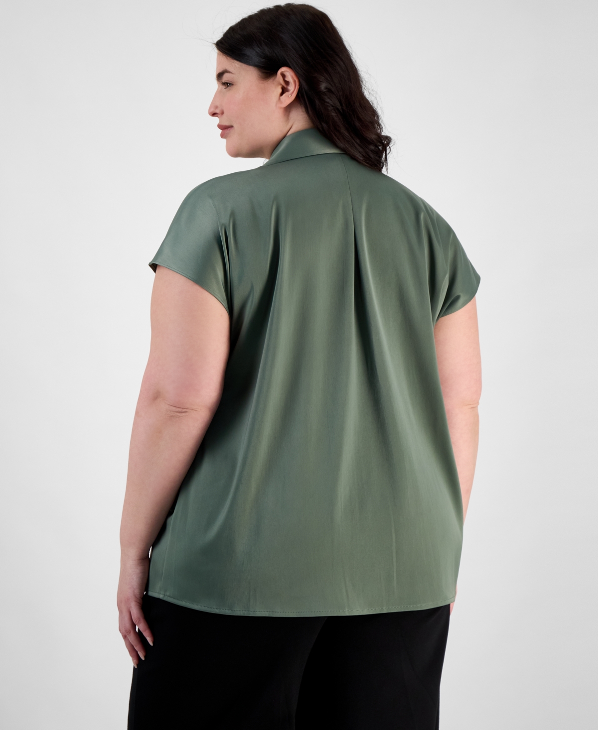 ANNE KLEIN PLUS SIZE CAP-SLEEVE SATIN COLLARED BLOUSE 