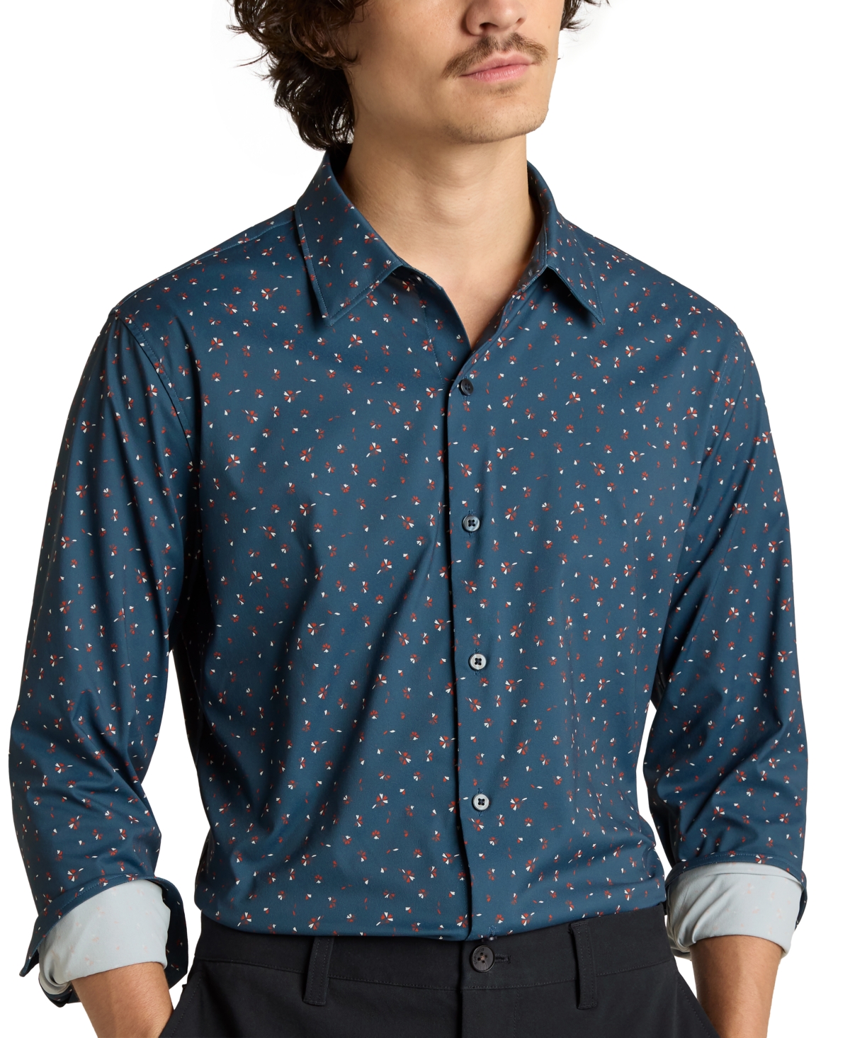 Men's Long Sleeve Button-Front Tech Shirt - Blue Sea Floral