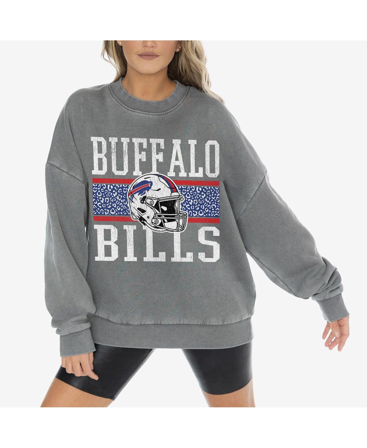 GAMEDAY COUTURE WOMEN'S GRAY BUFFALO BILLS VINTAGE WASH OVERSIZED CREWNECK FLEECE PULLOVER 