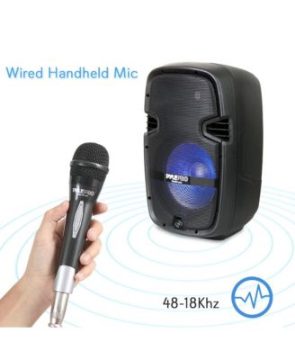 Stage & Studio PA Speaker & DJ Mixer Bundle Kit - (2) 10" Bluetooth PA Loudspeakers with Built-in LED Lights, 8-Ch. Audio Mixer, Speaker Stands, Wired Microphone (600W)