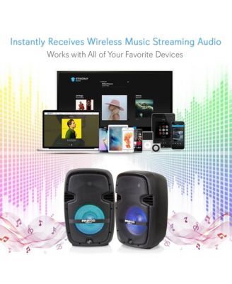 Stage & Studio PA Speaker & DJ Mixer Bundle Kit - (2) 10" Bluetooth PA Loudspeakers with Built-in LED Lights, 8-Ch. Audio Mixer, Speaker Stands, Wired Microphone (600W)