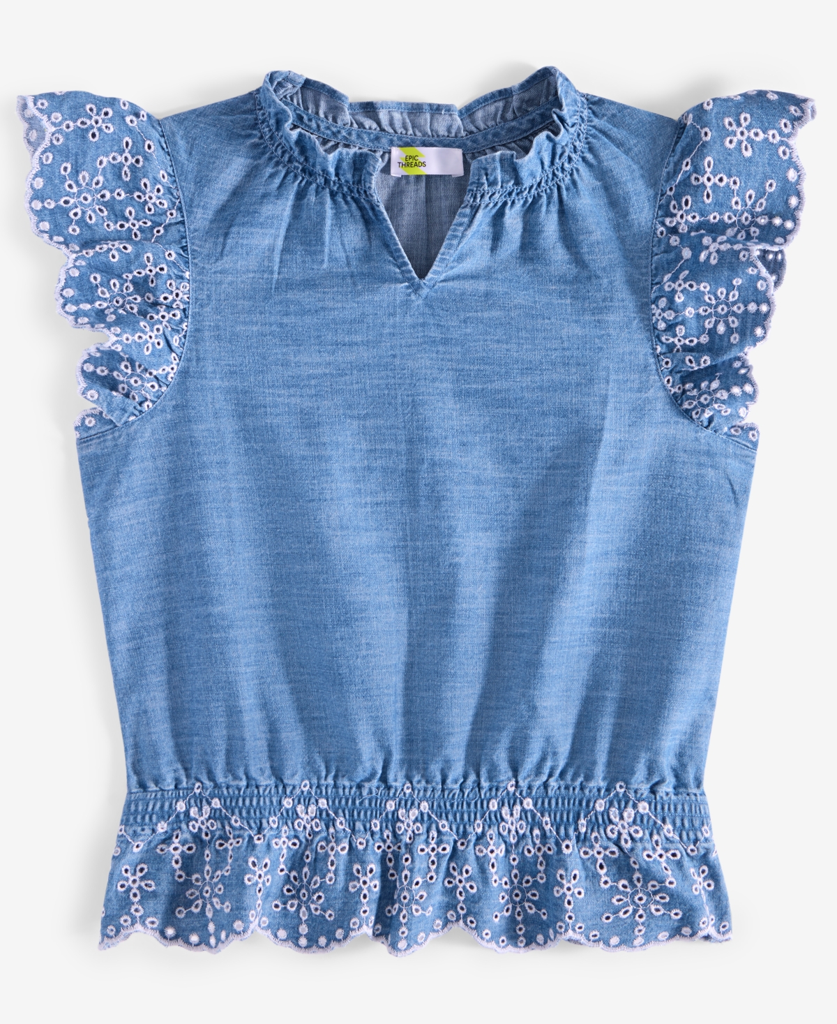 Epic Threads Kid Girl Eyelet-trim Chambray Top, Exclusively At Macy's In Lt Medium