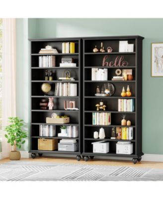 LED-Lit 9-Tier Freestanding Bookshelf Set with Solid Wood Legs – Tall Open Display Shelf Organizer for Home & Office.