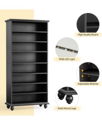 LED-Lit 9-Tier Freestanding Bookshelf Set with Solid Wood Legs – Tall Open Display Shelf Organizer for Home & Office.