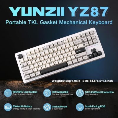 YZ87 75% Gasket Mechanical Keyboard, TKL Wireless Hot Swappable Bluetooth Gaming Keyboard with 4-Layer Padding, BT5.0/2.4Ghz/Type-C NKRO RGB Backlit Keyboard for Win/Mac Milk Switch