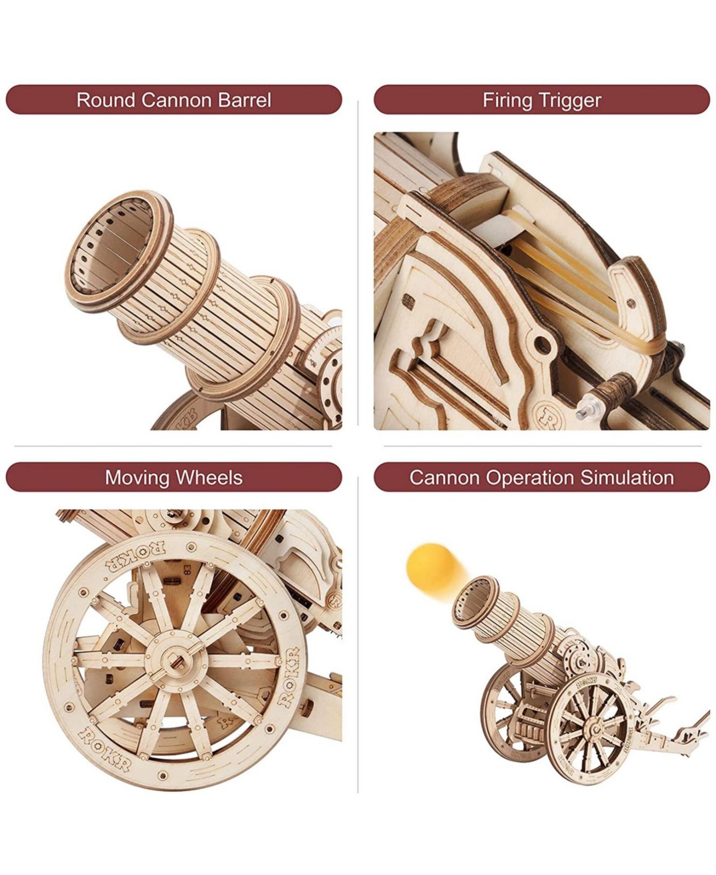 Детские конструкторы Robotime Medieval Wheeled Cannon Brain Teaser Wooden Puzzle, 158-Piece Set, Ages 14+ — фото 3