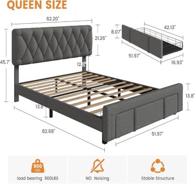 Queen Size Bed Frame with 1 Storage Drawers, Upholstered Platform Bed Frame