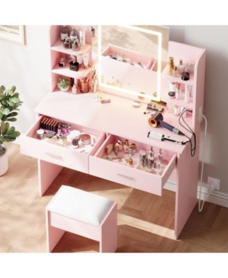 Vanity Desk with Mirror and Lights, Makeup Vanity Set w/Desk and Stool