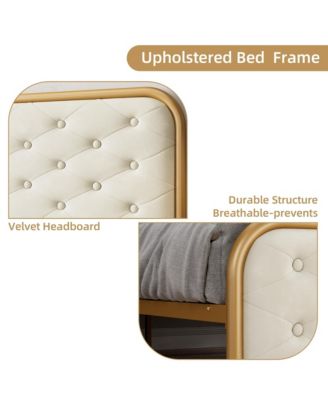 King Bed Frame with Button Velvet Headboard, Upholstered Tufted Footboard