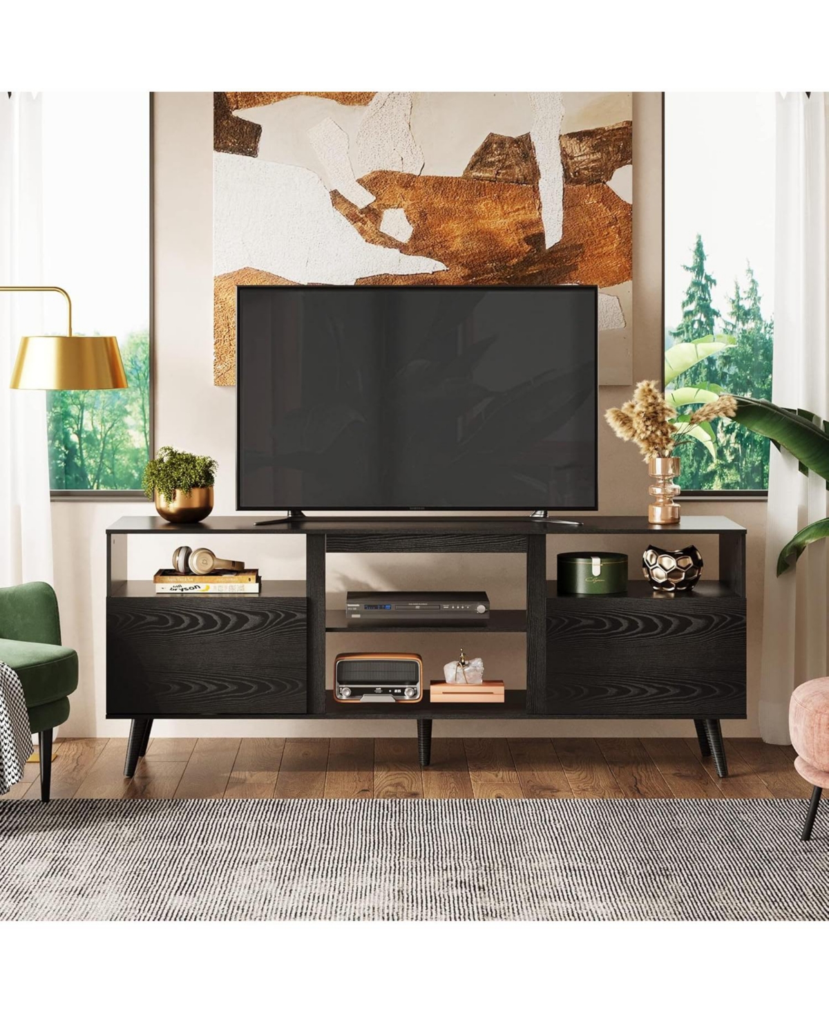Wlive Mid-Century Modern Tv Stand for 65" Console Cabinet Open Shelves Entertainment Center Living Room and Bedroom