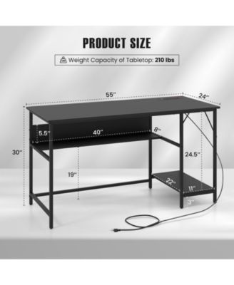 55 Inch Computer Desk with 4 Power Outlets and CPU Stand