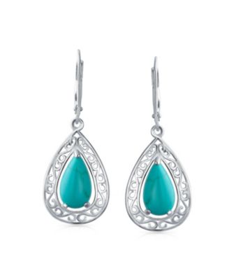 Western Style Natural Blue Turquoise Dangle Earrings in Sterling Silver