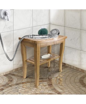 Bamboo Shower Bench Stool with Shelf - 2-Tier Wood Storage & Seating for Bathroom, Shower Bench Chair, Bath Stool, Spa Sauna Seat