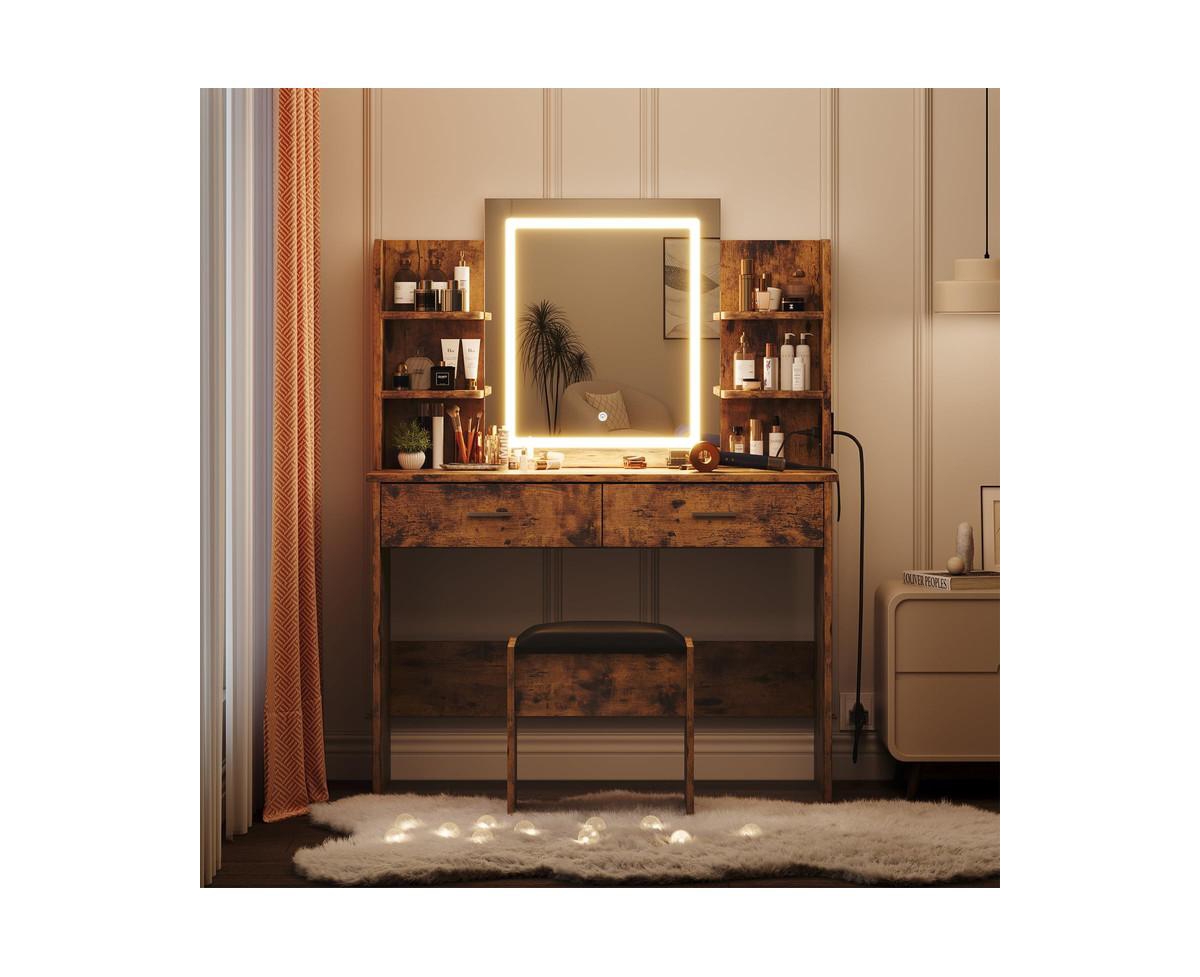 gaomon Vanity Desk with Mirror and Lights, Makeup Vanity Set w/Desk and Stool, Power Outlet, Vanity Table w/6 Storage Shelves
