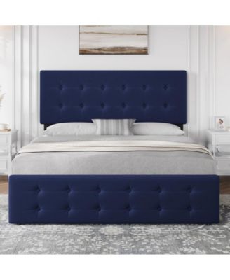 Queen Size Bed Frame with 4 Storage Drawers and Headboard, Velvet Upholstered Platform Bed Frame with Wooden Slats Support, Button Tufted Design, No Box Spring Needed