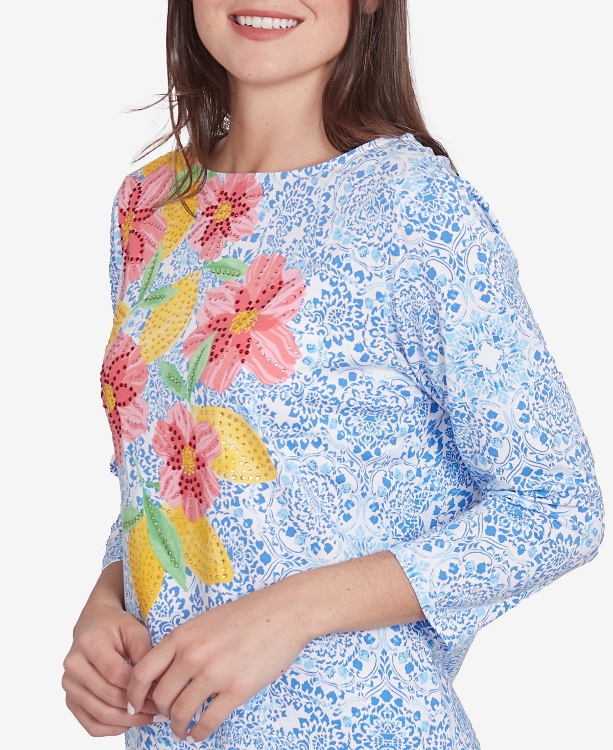Ruby Rd. Petite Medallion Bold Floral Three Quarter Sleeve T-shirt In Bluebird Multi