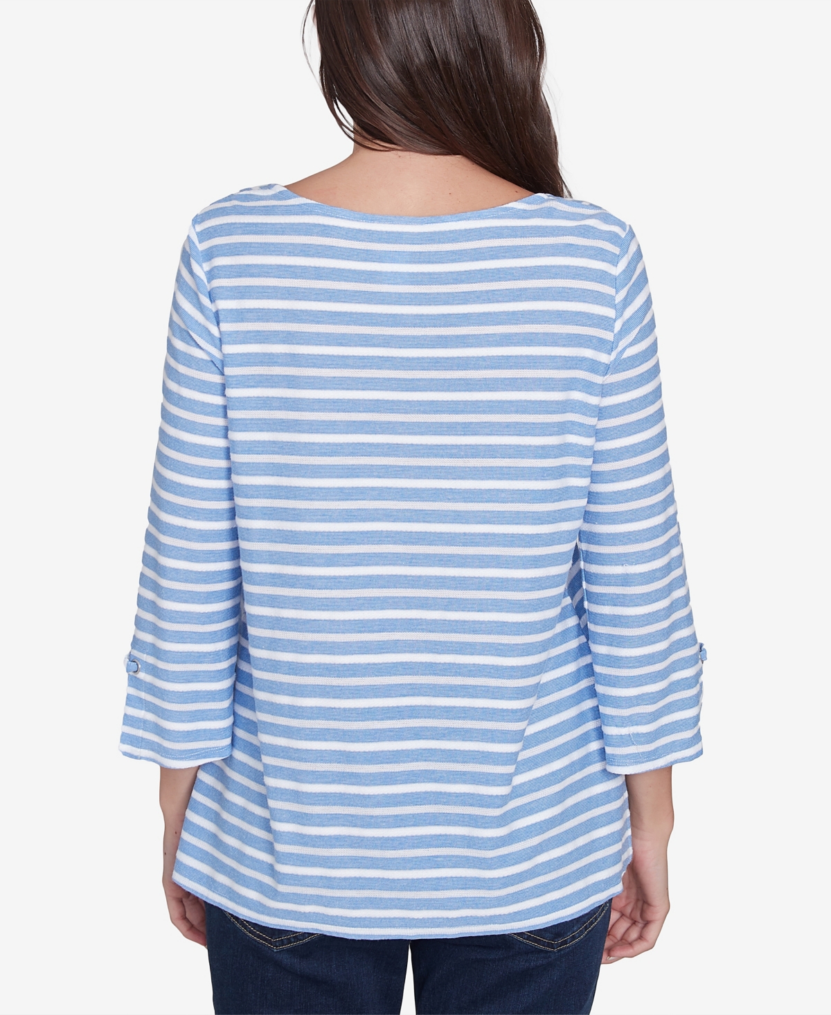 Ruby Rd. Petite Ribbon Stripe Laced Sleeve Top In Azure Multi
