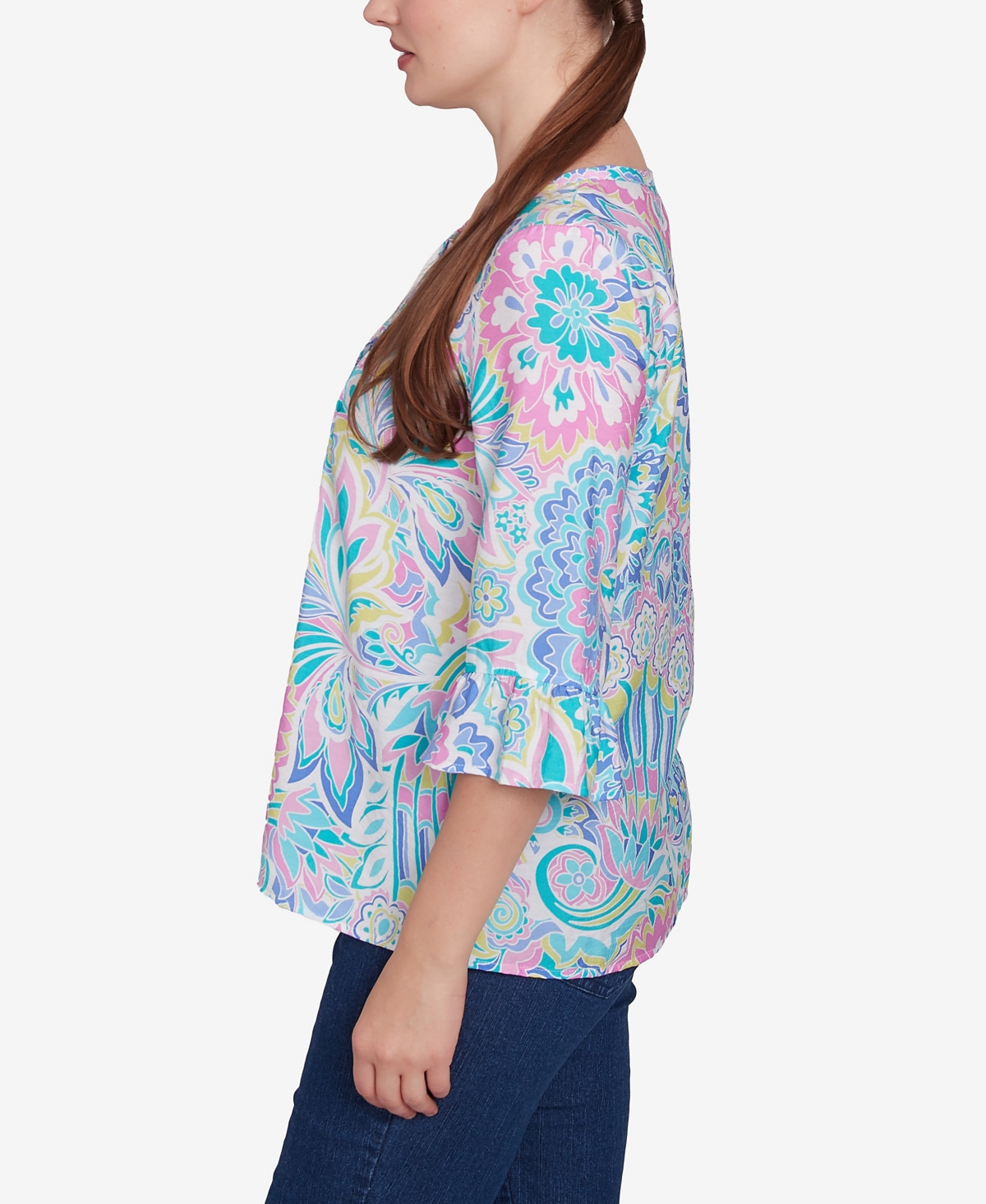 Ruby Rd. Petite Utopian Floral Silky Button Front Top In Capri Blue Multi