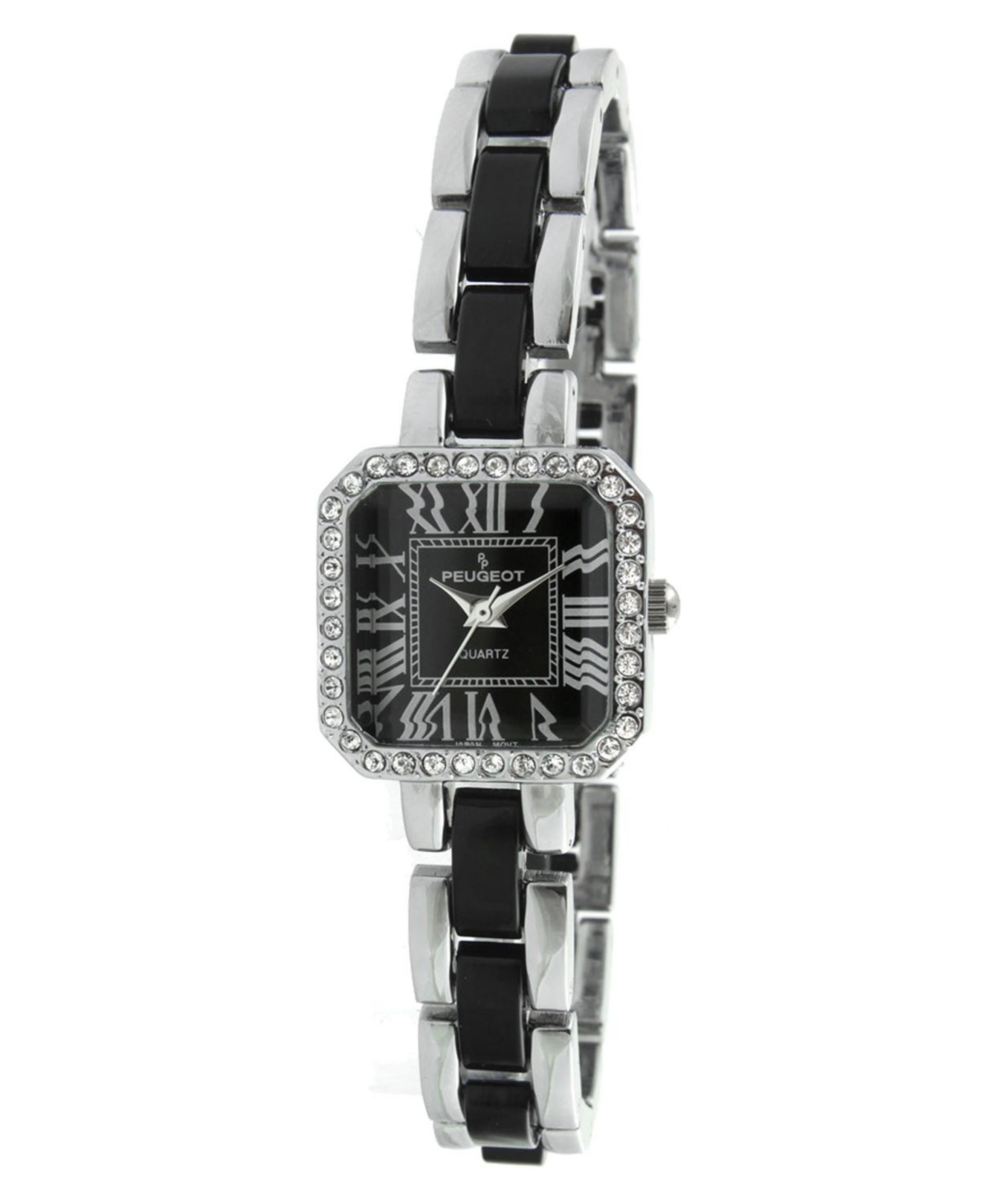 Womens Crystal Accented Square Silver-Tone Acrylic Link Watch - Black
