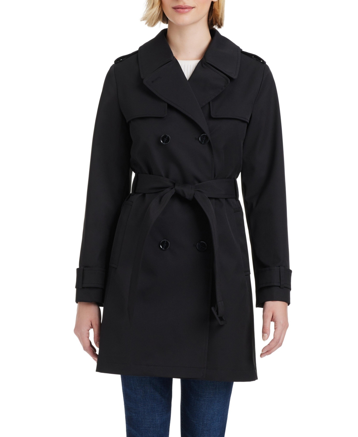 Kate Spade Women S Short Single-breasted Pleated Back Trench Coat In Black