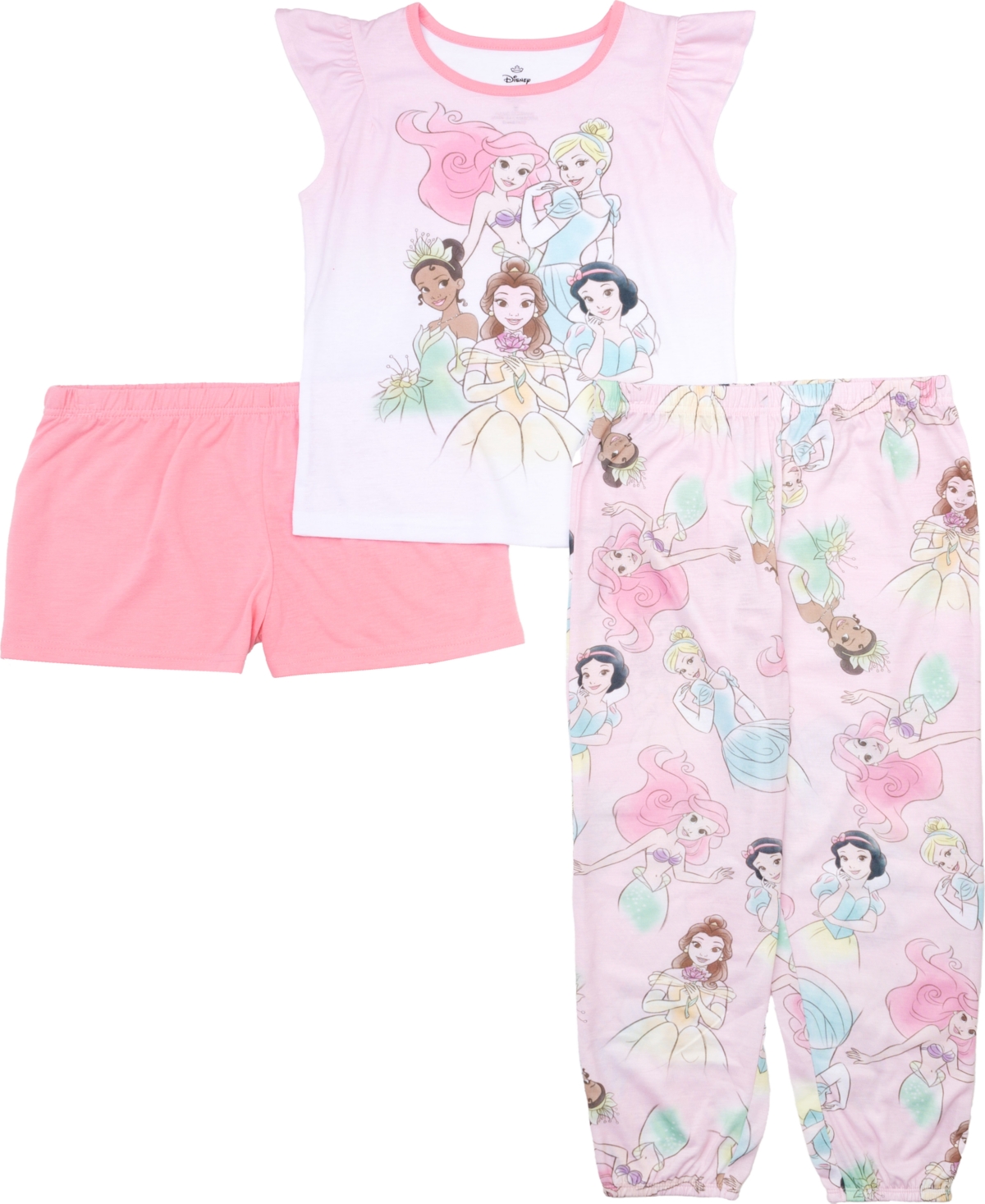 Disney Princess Big Girls Short Sleeve, Shorts, And Jogger Bottoms, 3-piece Pajama Set In Assorted
