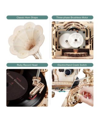 3D Wooden Puzzle Automatic Gramophone Model Kits Electric Mode Self-Assembly Record Player, Beige, 8.89"10.20"16.88"