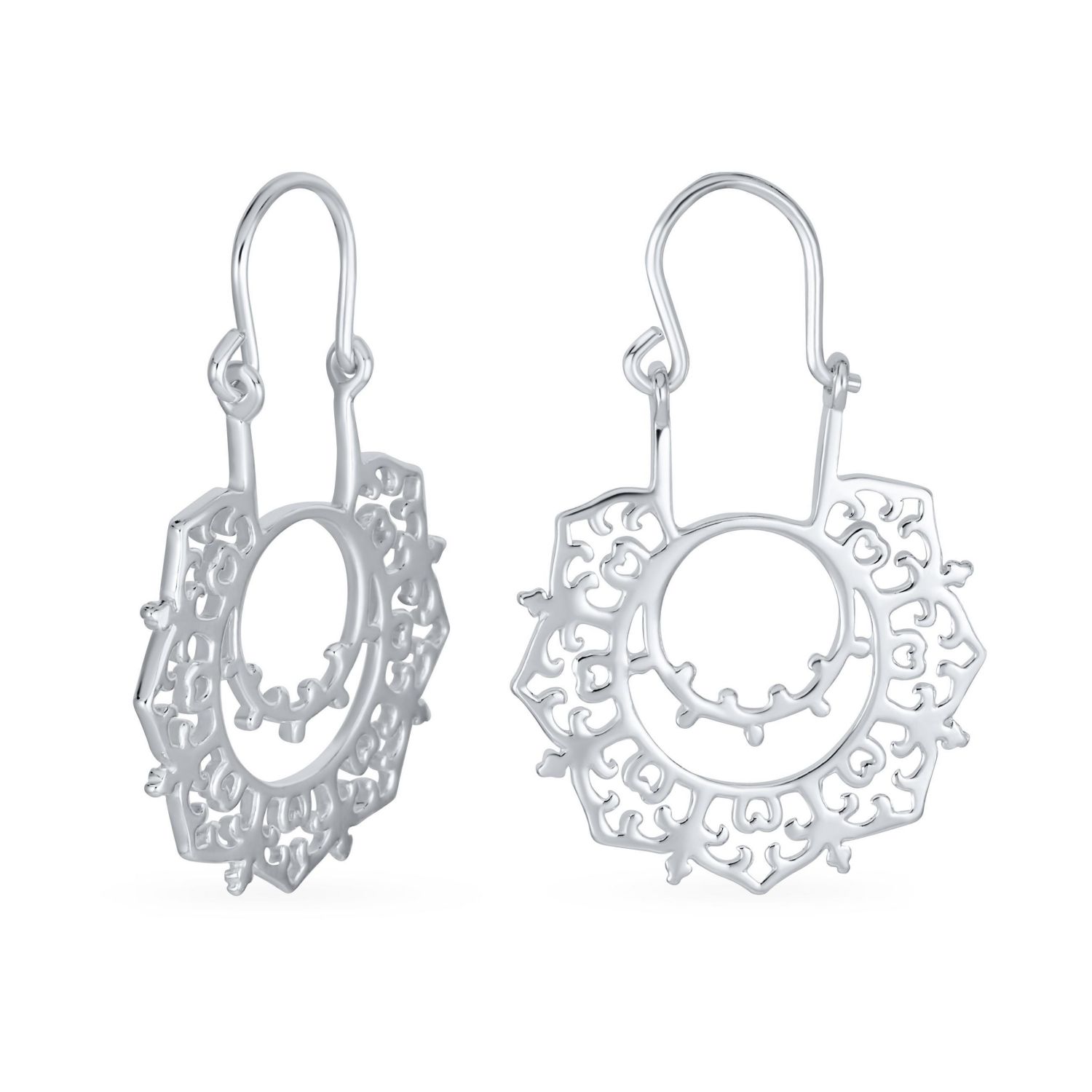 Indian Style Filigree Mandala Sanskrit Statement Earrings Sterling Silver