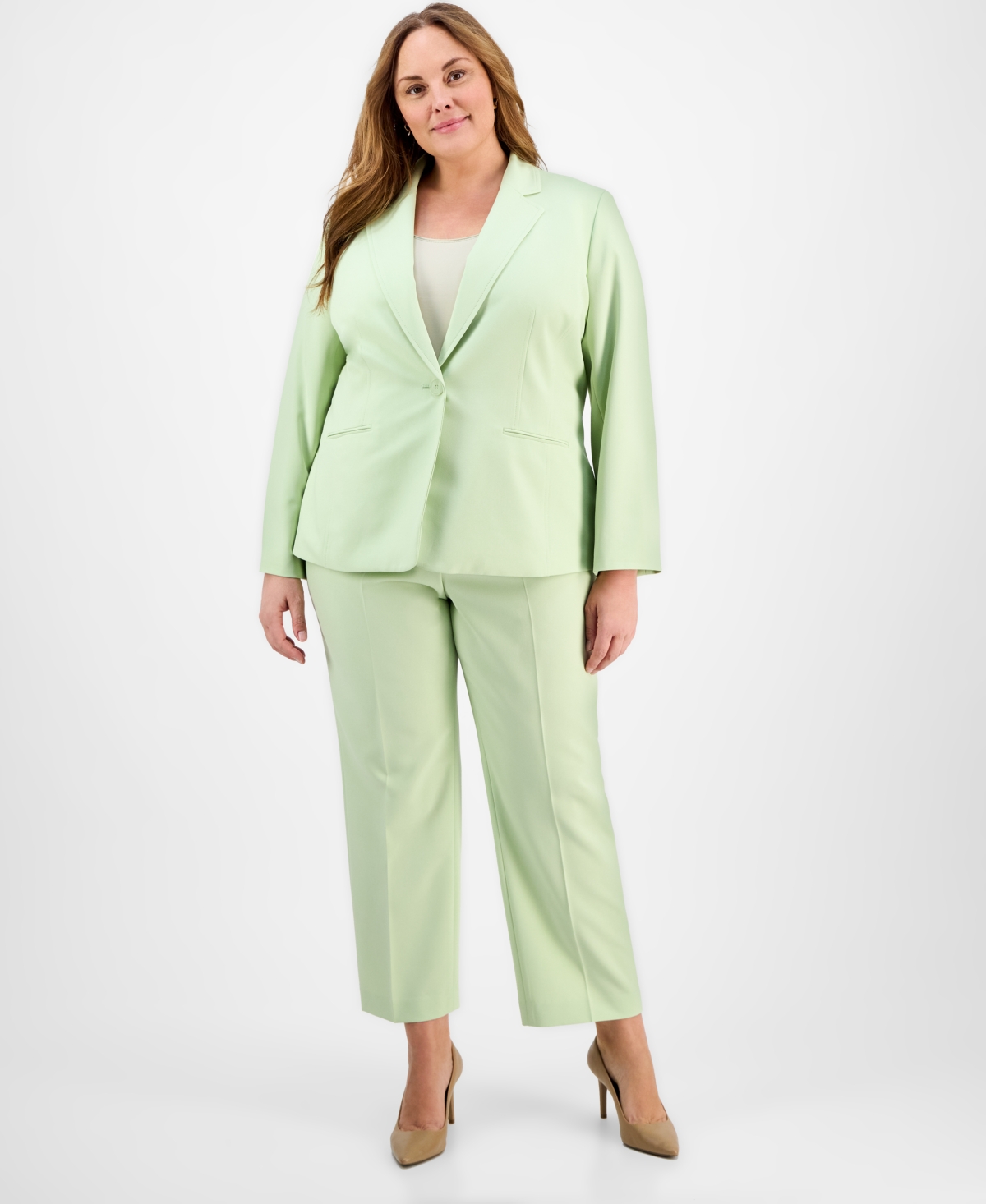 Plus Size Single-Button Straight-Leg Pantsuit - Celery