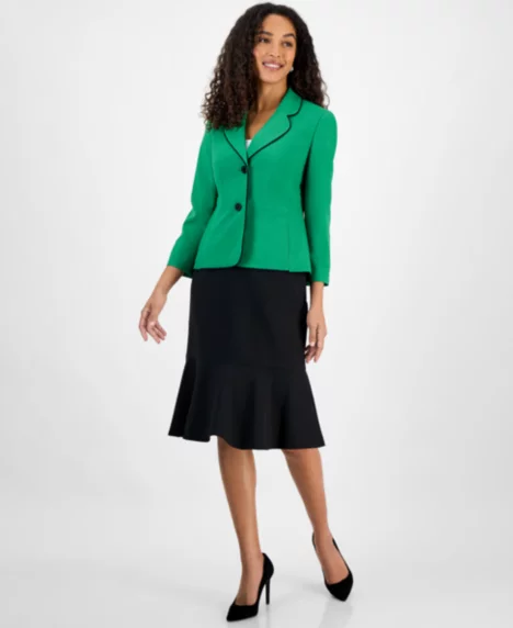 Petite Piped Notch-Collar Two-Button Jacket & Midi Flounce-Hem Skirt Set - Verde/Black