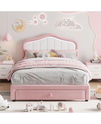 Twin Upholstered Bed Frame with Storage Drawers, Cute Girls & Boys Bed with Adjustable Headboard