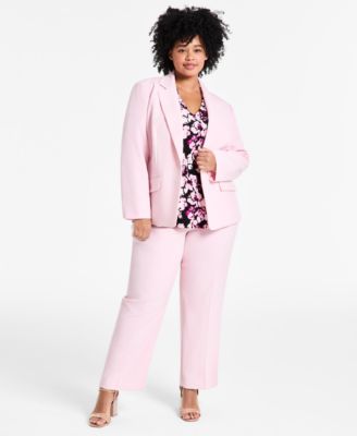 Plus Size Stretch Crepe One Button Blazer Floral Top Straight Leg Pants