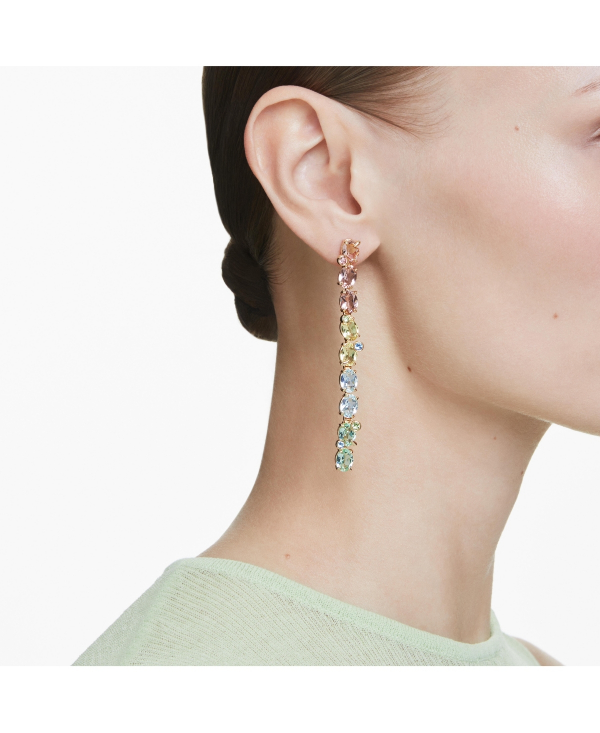 Swarovski Gema Gold-tone Plated, Asymmetrical Design, Mixed Cuts, Multicolored Drop Earrings In Multicolored