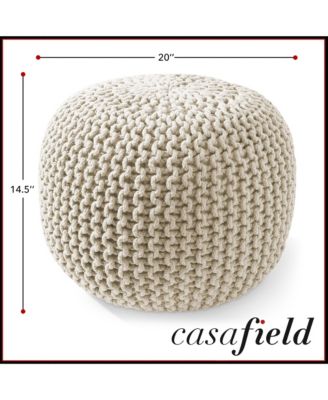 Round Pouf Ottoman, Natural - 20" Dia x 14.5" High Cotton Knit Foot Stool - Boho Floor Pouffe for Living Room