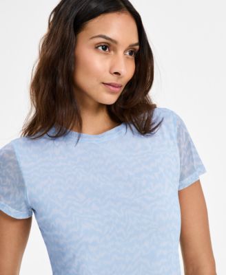 売れ筋商品|||バースリー カットソー トップス レディース Women's Printed Mesh Crewneck Top, Exclusively at Macy's Chateau Blue/bar White Bar III Women's Printed Mesh Crewneck Top, Exclusively at
