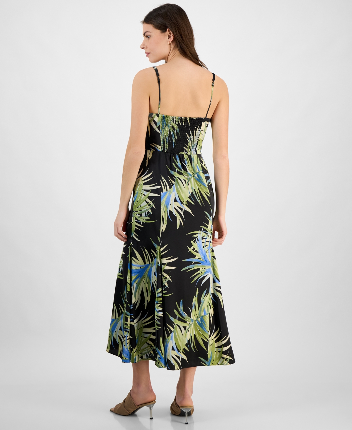 BAR III WOMEN'S PALM-PRINT SATIN MIDI DRESS, EXCLUSIVELY AT MACY'S 