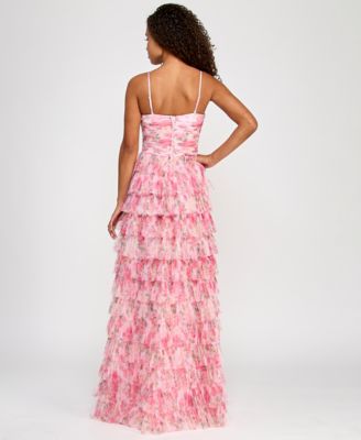 Juniors' Floral Ruffle-Tiered Straight-Neck Gown, Created for Macy's