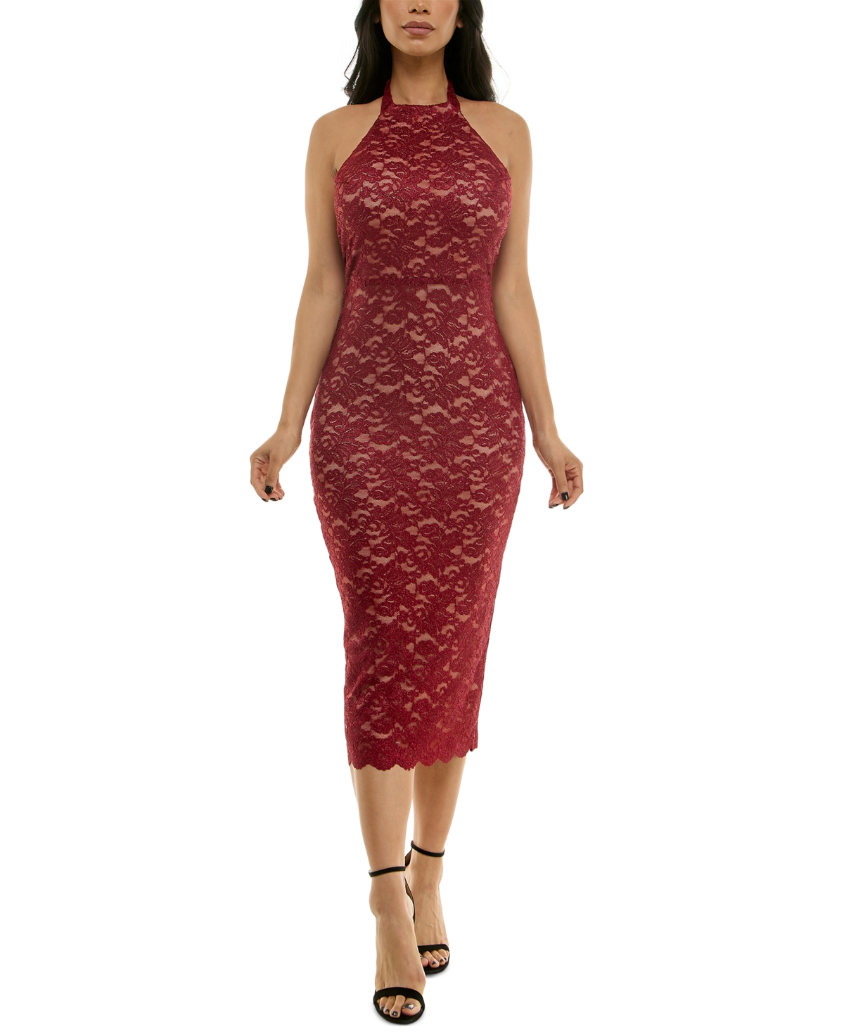 Juniors' Glitter Lace Bodycon Dress - Medium Red