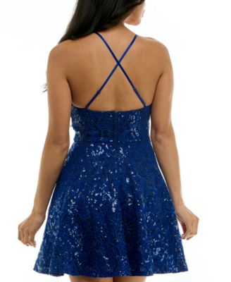 Juniors' Sequined Lace Fit & Flare Dress