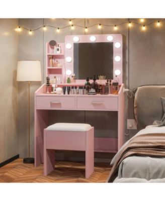 Vanity Desk with Mirror and Lights, Makeup Vanity with Power Outlet