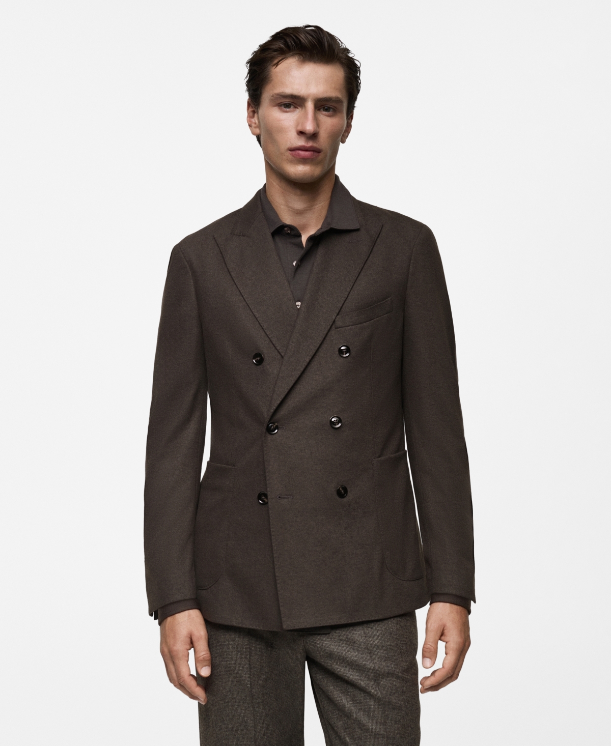 Men's Slim-Fit Virgin Wool Double-Breasted Blazer - Brown