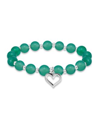Silver-Plated Beaded Heart Charm Stretch Bracelet