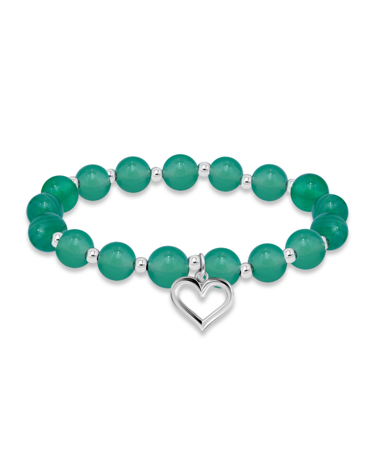 Macy's Silver Plated Beaded Heart Charm Stretch Bracelet In Green Agate,silver