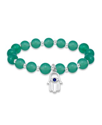 Silver-Plated Beaded Hamsa Hand Charm Stretch Bracelet