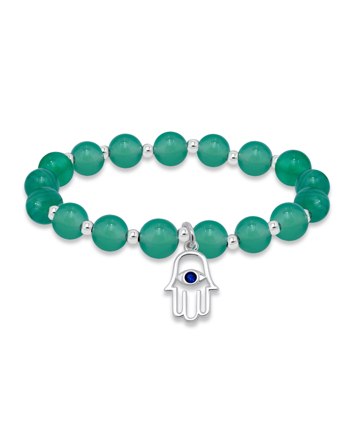 Macy's Silver Plated Beaded Hamsa Hand Charm Stretch Bracelet In Green Agate,silver