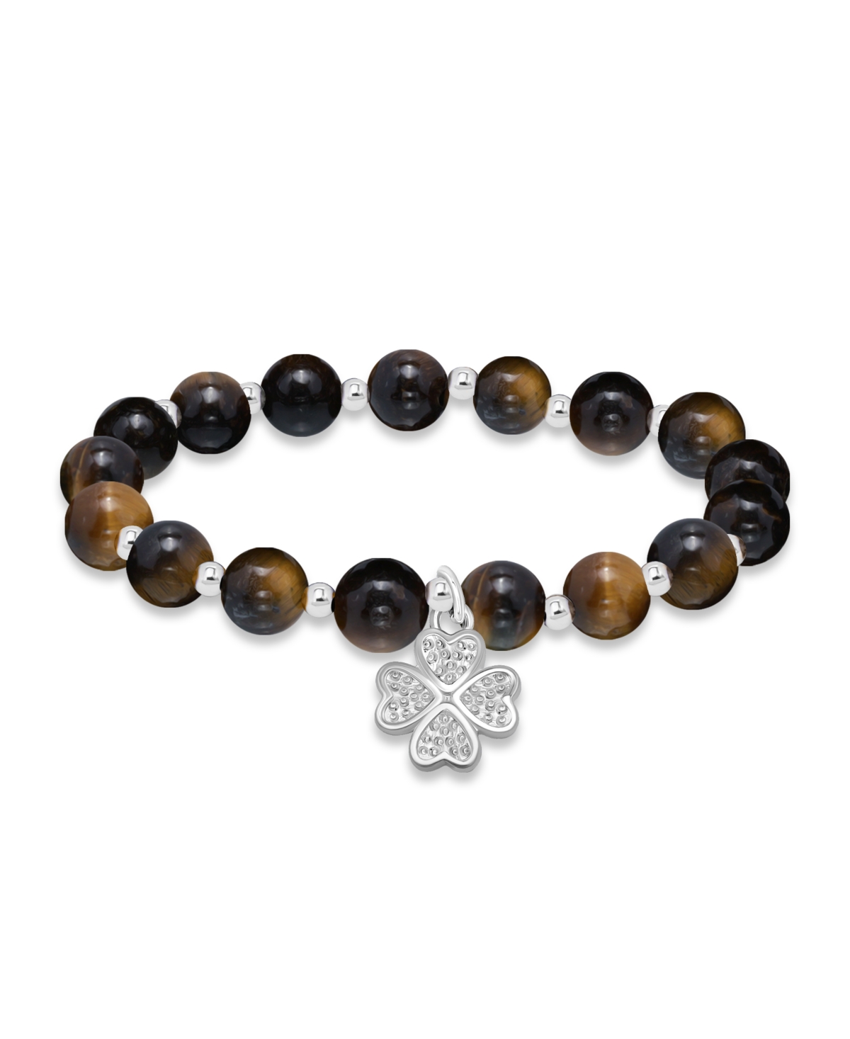 Shop Macy's Silver-plated Beaded Clover Charm Stretch Bracelet In Tigers Eye,silver