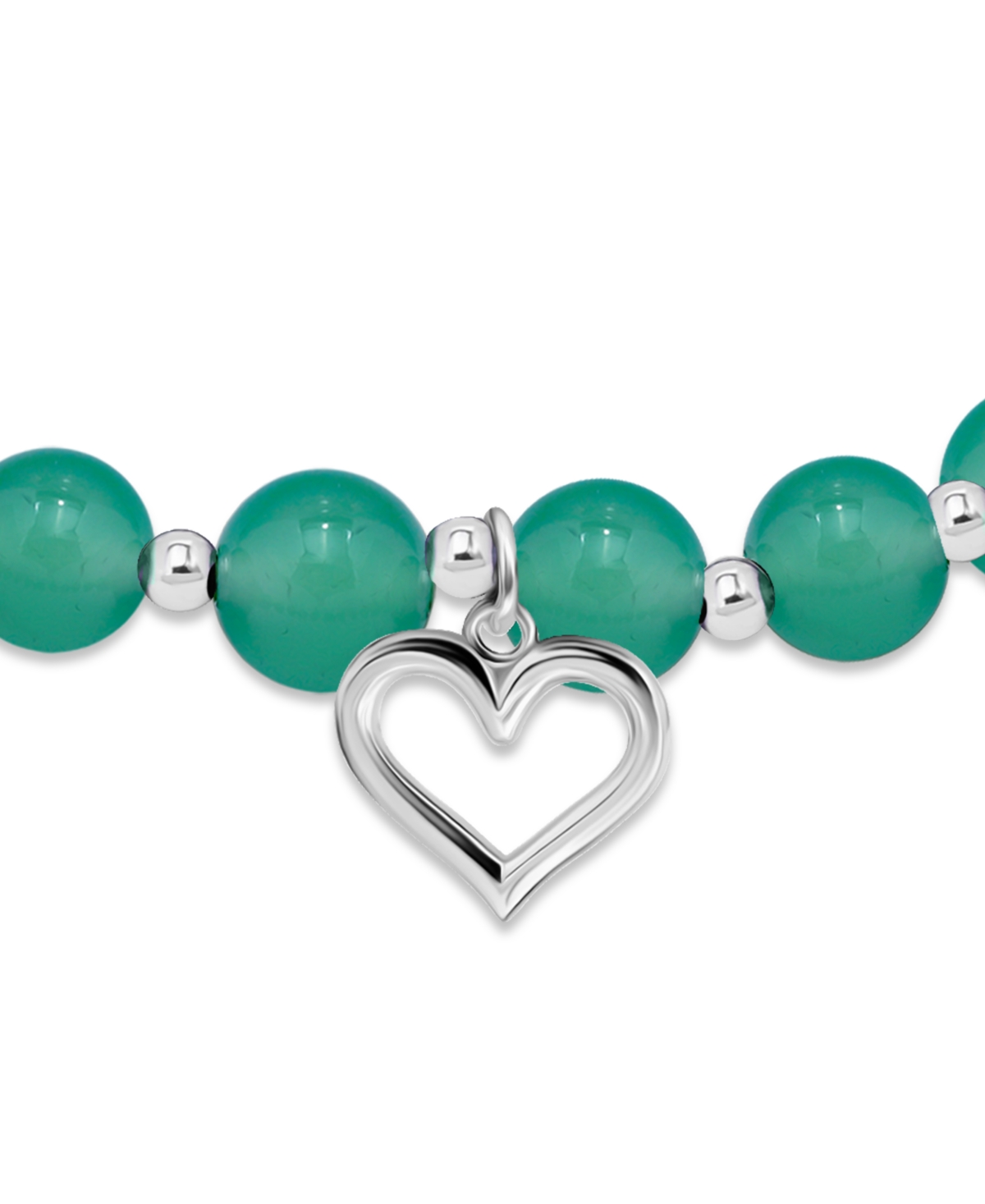 Macy's Silver Plated Beaded Heart Charm Stretch Bracelet In Green Agate,silver
