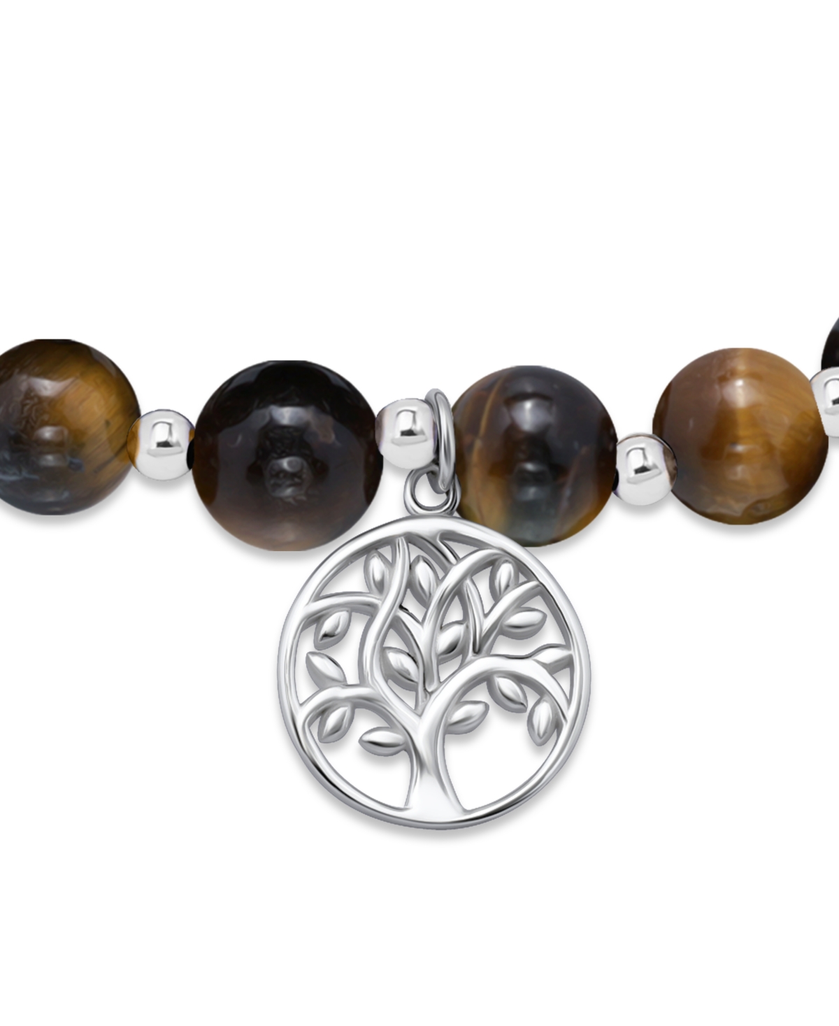 Macy's Silver Plated Beaded Tree Of Life Charm Stretch Bracelet In Tigers Eye,silver